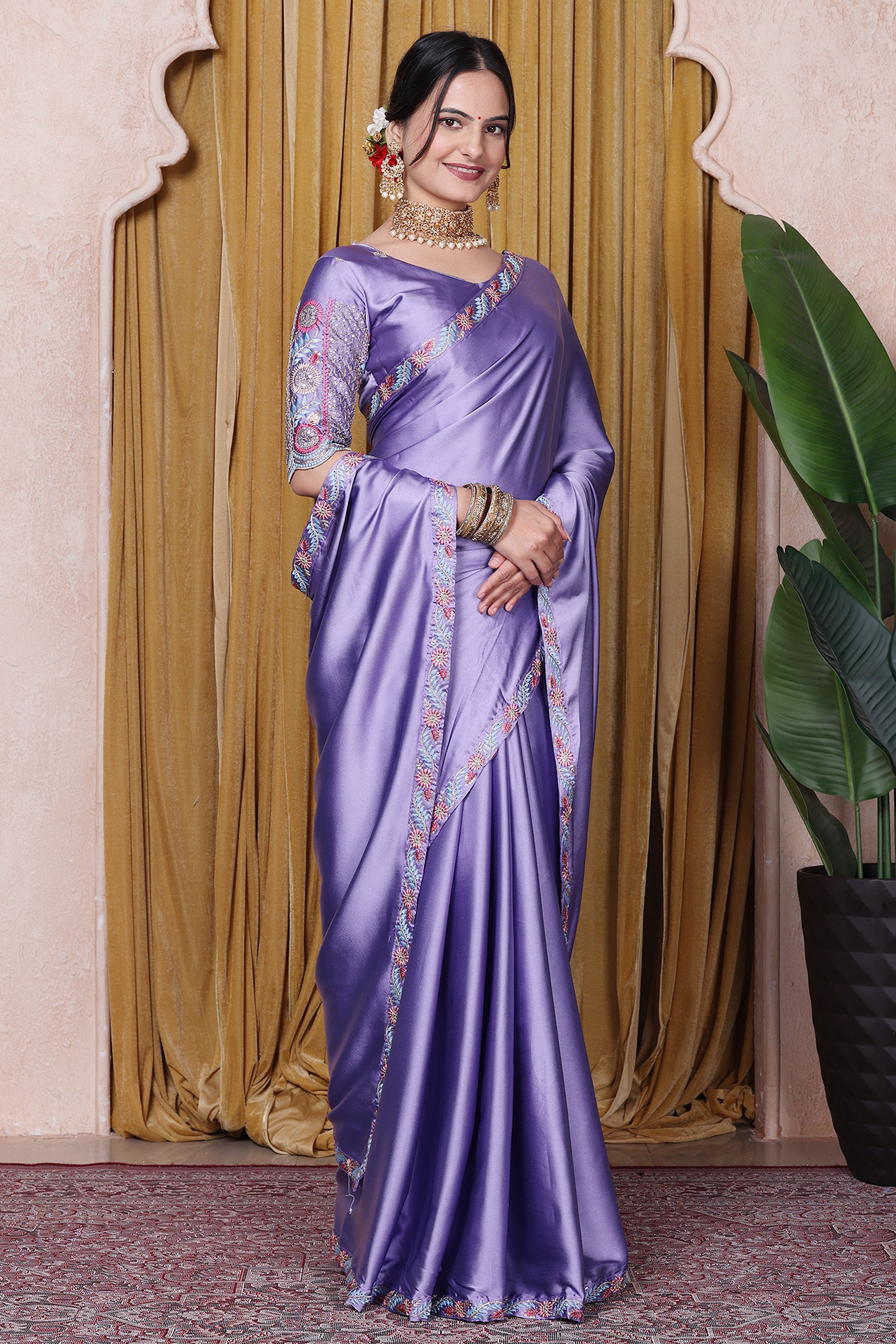 Embroidered Bollywood Satin Saree