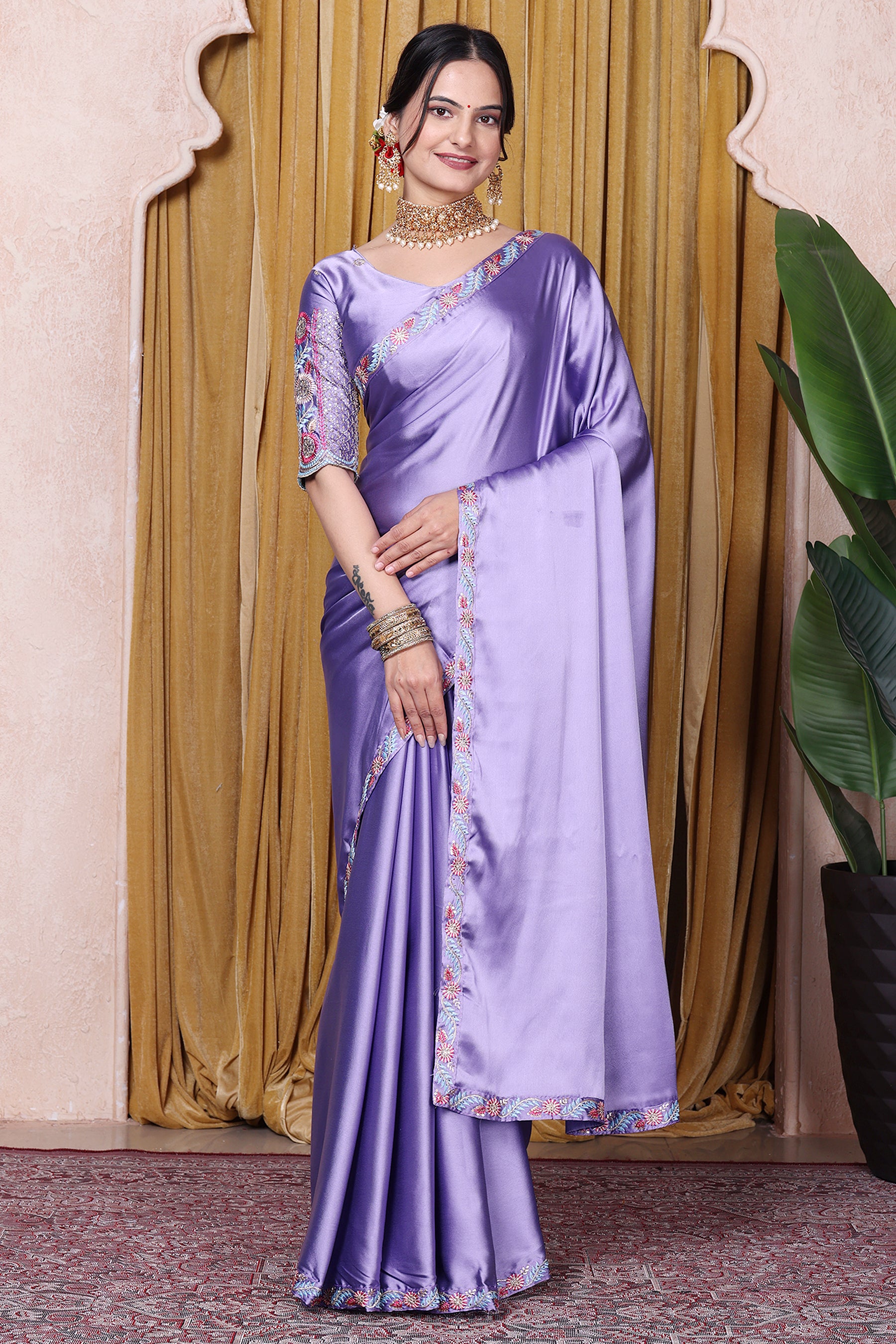 Embroidered Bollywood Satin Saree