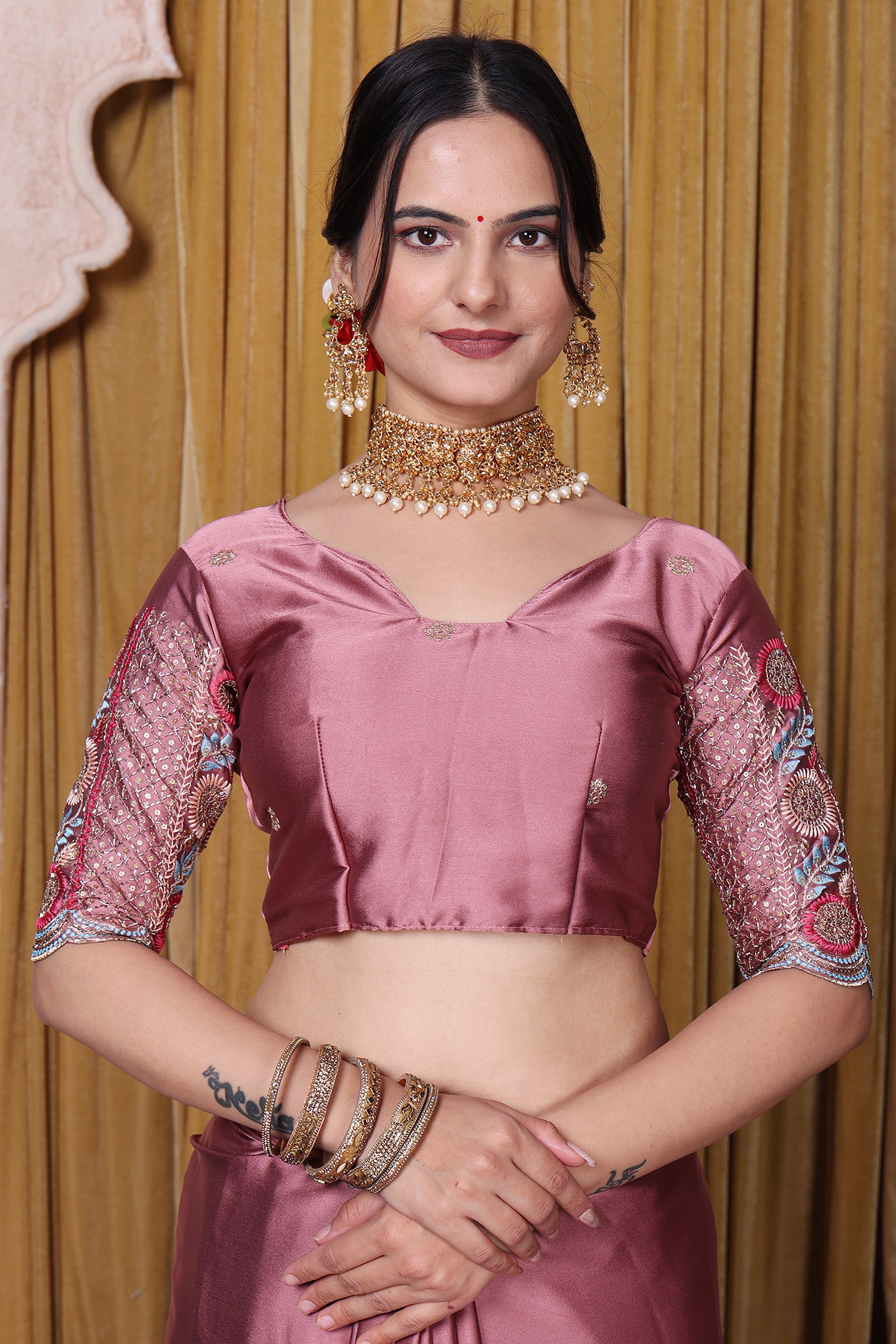 Embroidered Bollywood Satin Saree