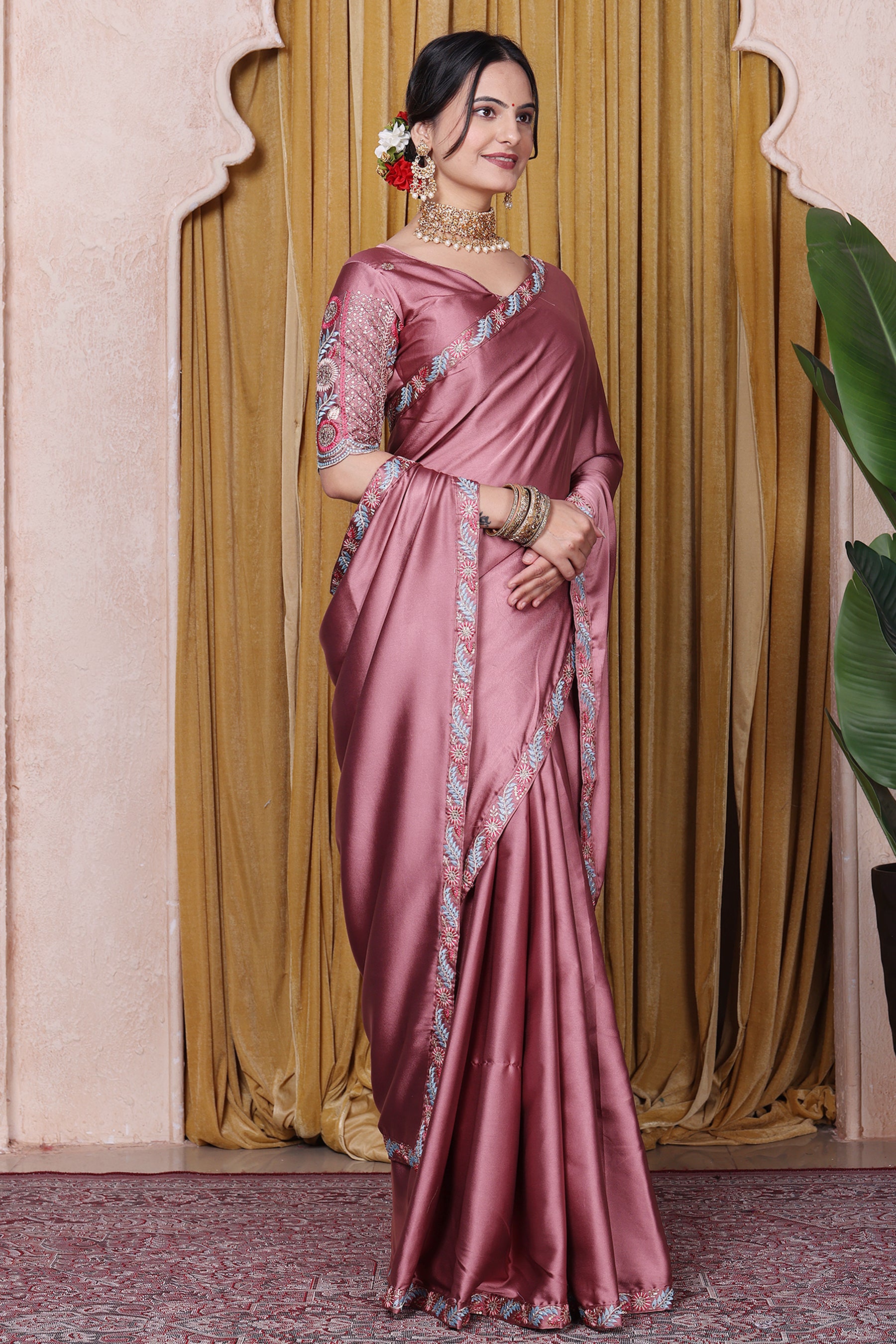 Embroidered Bollywood Satin Saree