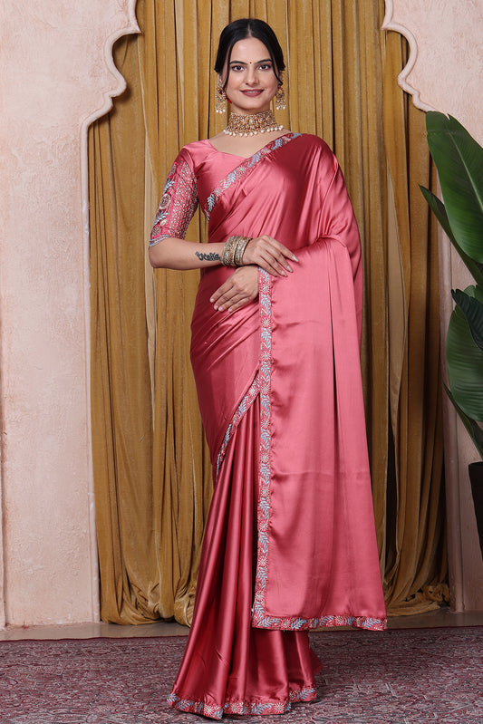 Embroidered Bollywood Satin Saree | Party Wear | Orange