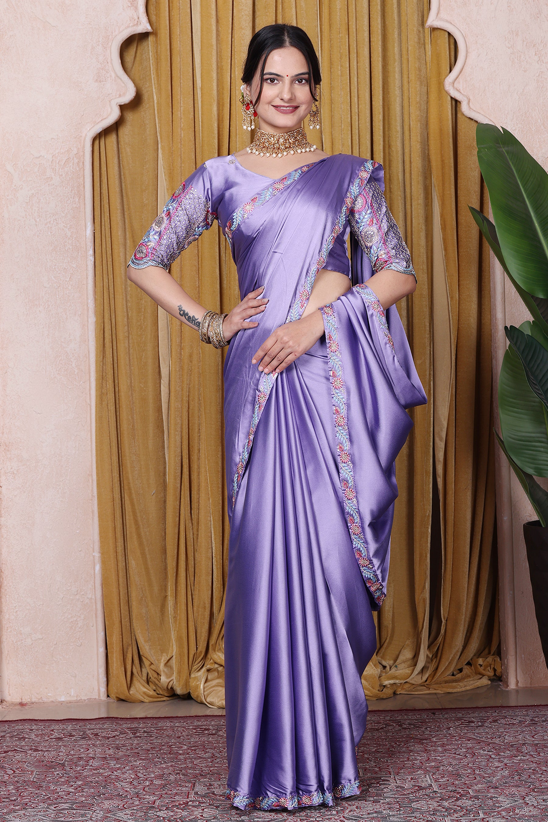 Embroidered Bollywood Satin Saree
