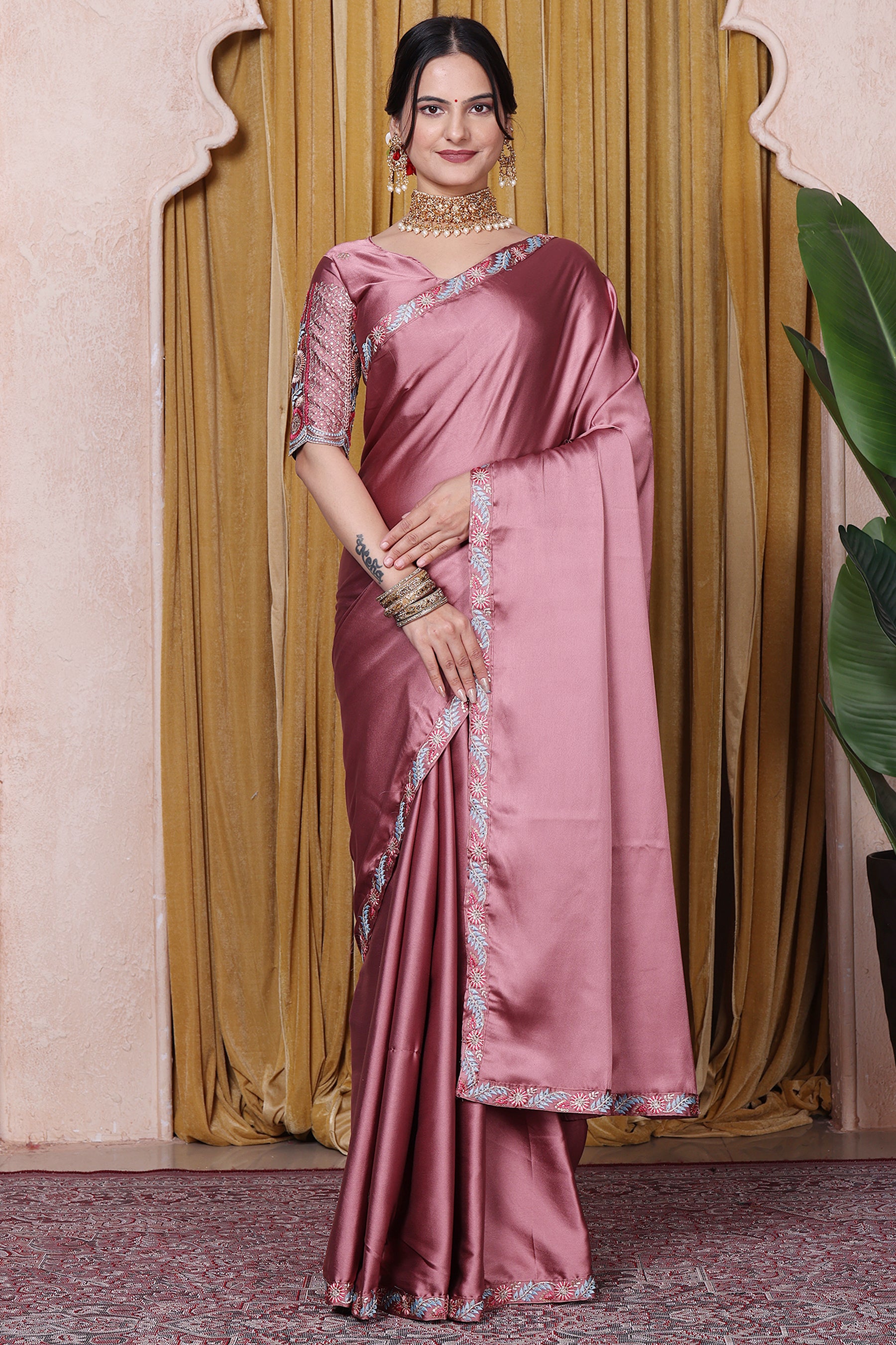 Embroidered Bollywood Satin Saree