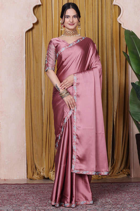 Embroidered Bollywood Satin Saree