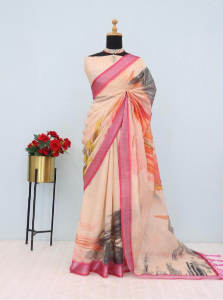 Cream Abstract Printed Art Silk Saree with Silver Lining – Sanskriti Saree