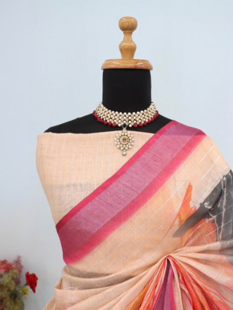Cream Abstract Printed Art Silk Saree with Silver Lining – Sanskriti Saree