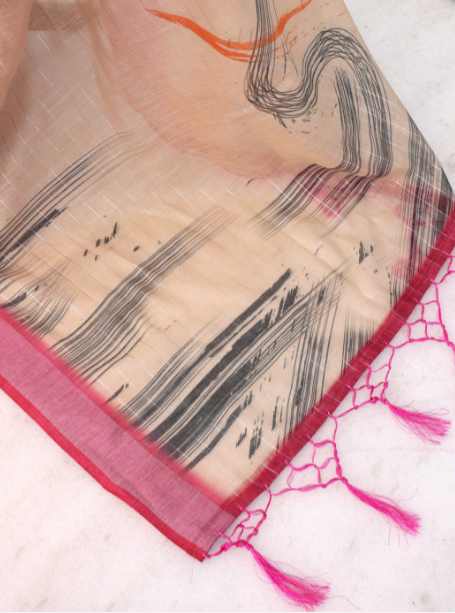 Cream Abstract Printed Art Silk Saree with Silver Lining – Sanskriti Saree