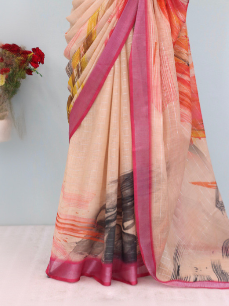 Cream Abstract Printed Art Silk Saree with Silver Lining – Sanskriti Saree