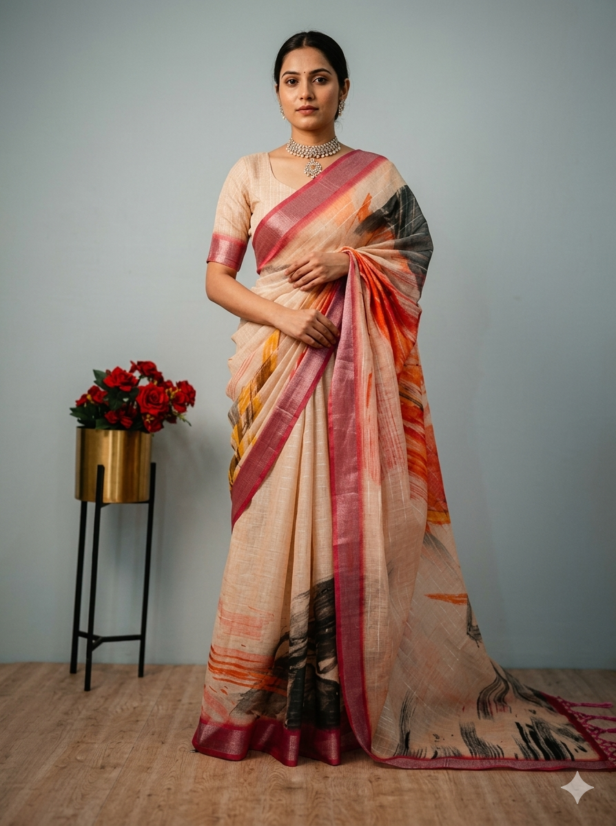Cream Abstract Printed Art Silk Saree with Silver Lining – Sanskriti Saree