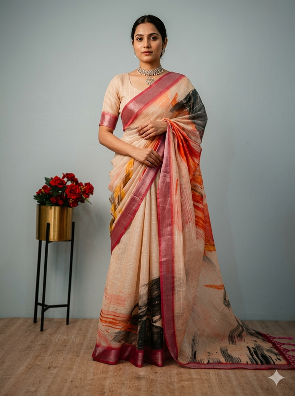 Cream Abstract Printed Art Silk Saree with Silver Lining – Sanskriti Saree