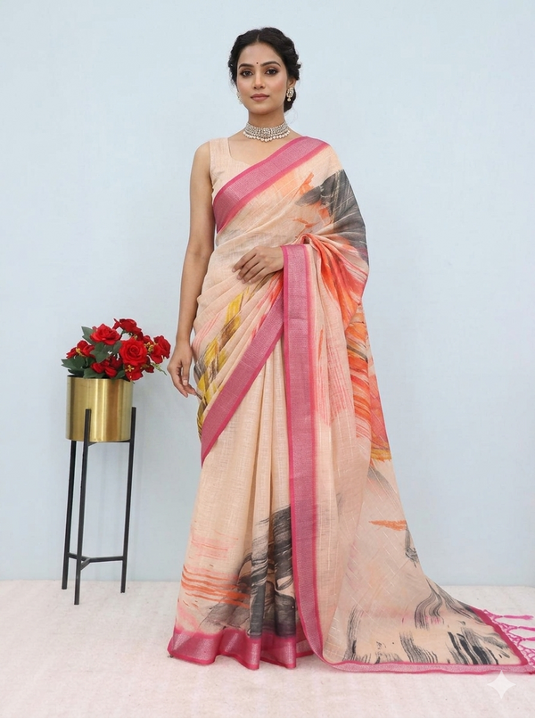 Cream Abstract Printed Art Silk Saree with Silver Lining – Sanskriti Saree