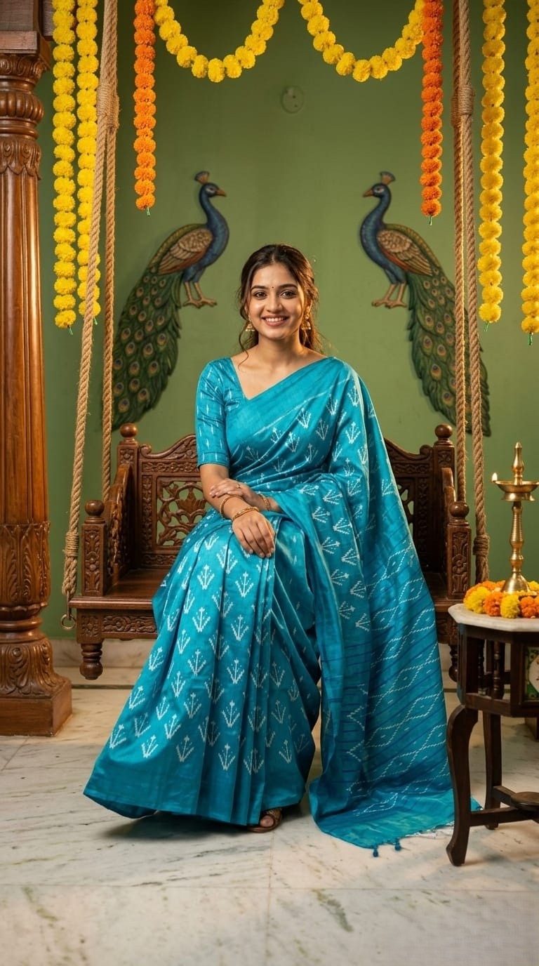Turquoise Blue Barista Soft Silks Saree with Rich Traditional Print | Premium Collection