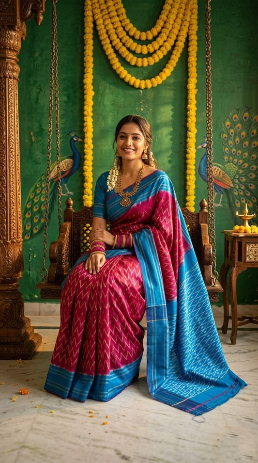 Pink and Sky Blue Barista Soft Silks Saree with Elegant Woven Border | Premium Collection