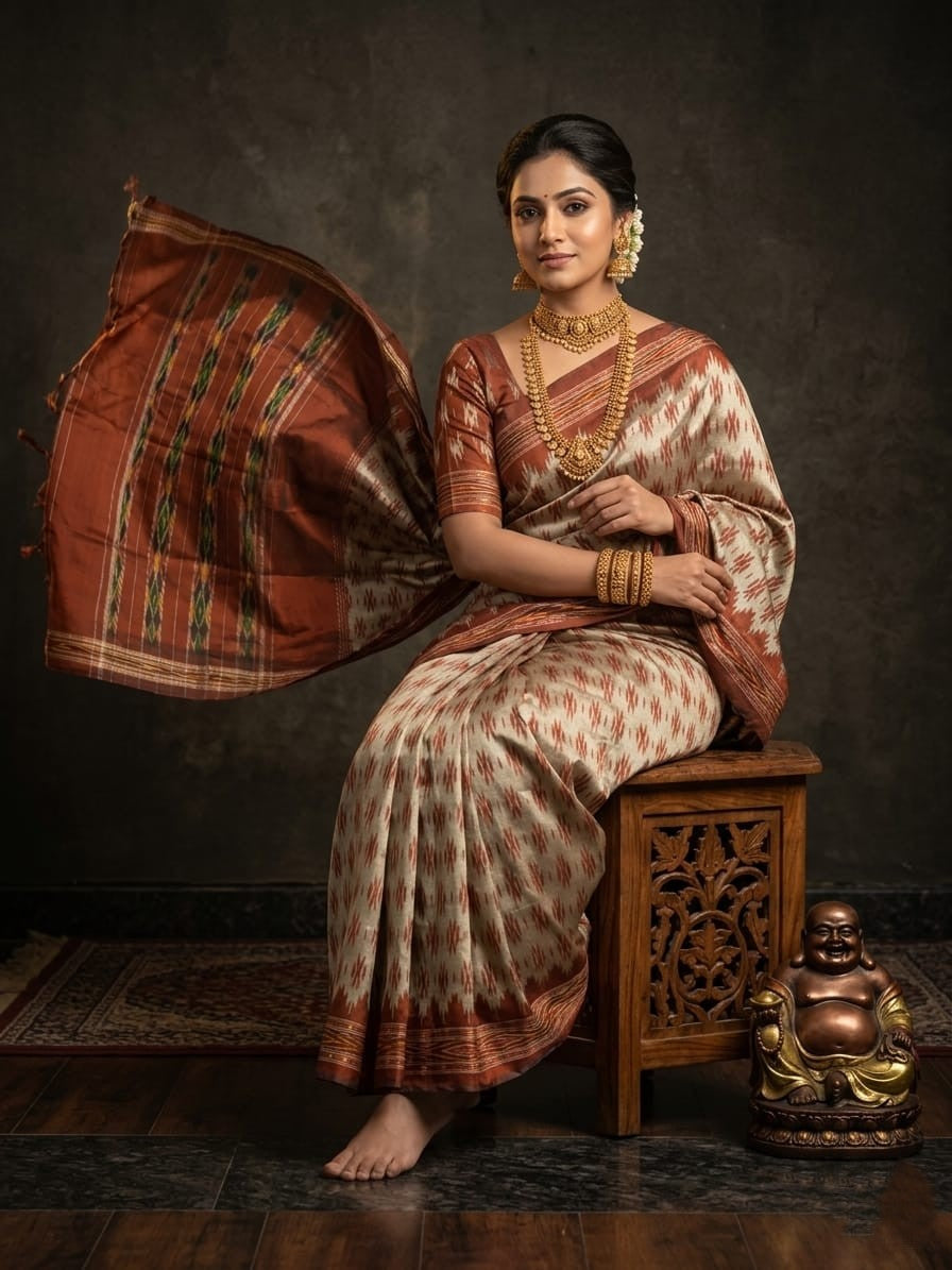 Beige Barista Soft Silks Saree with Brown Traditional Woven Border | Premium Collection