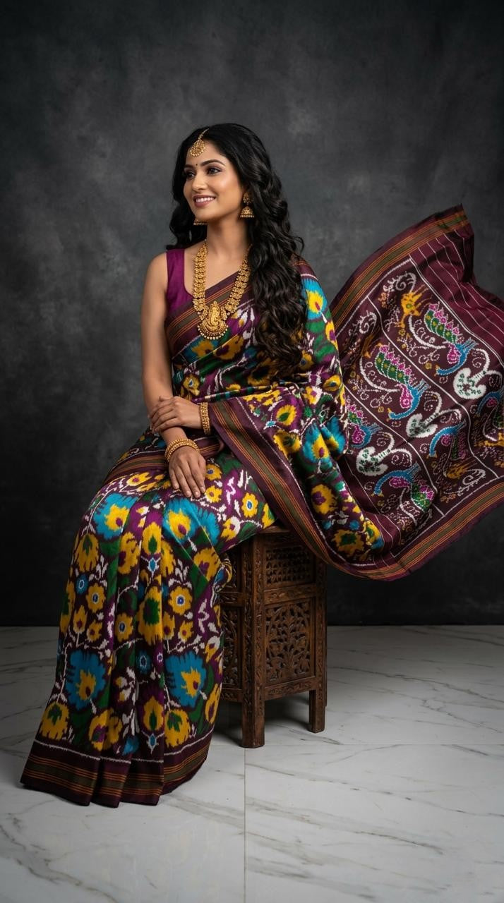 Black Barista Soft Silks Saree with Multicolor Traditional Floral Print | Premium Collection