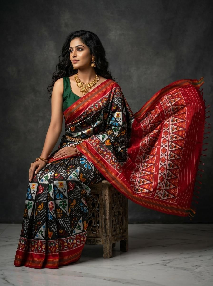 Black Barista Soft Silks Saree with Red Artistic Geometric Weaving | Premium Collection