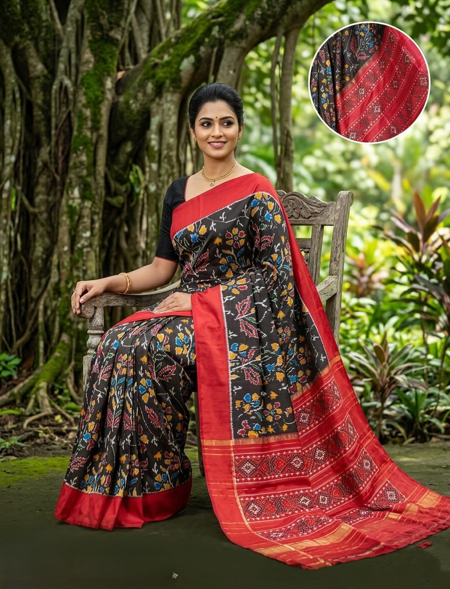 Black Barista Soft Silks Saree with Red Kalamkari Style Printed Pallu | Premium Collection