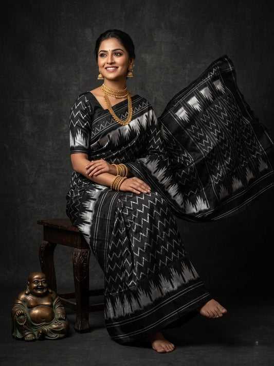 Black Barista Soft Silks Saree with Silver Zigzag Designer Pattern | Premium Collection