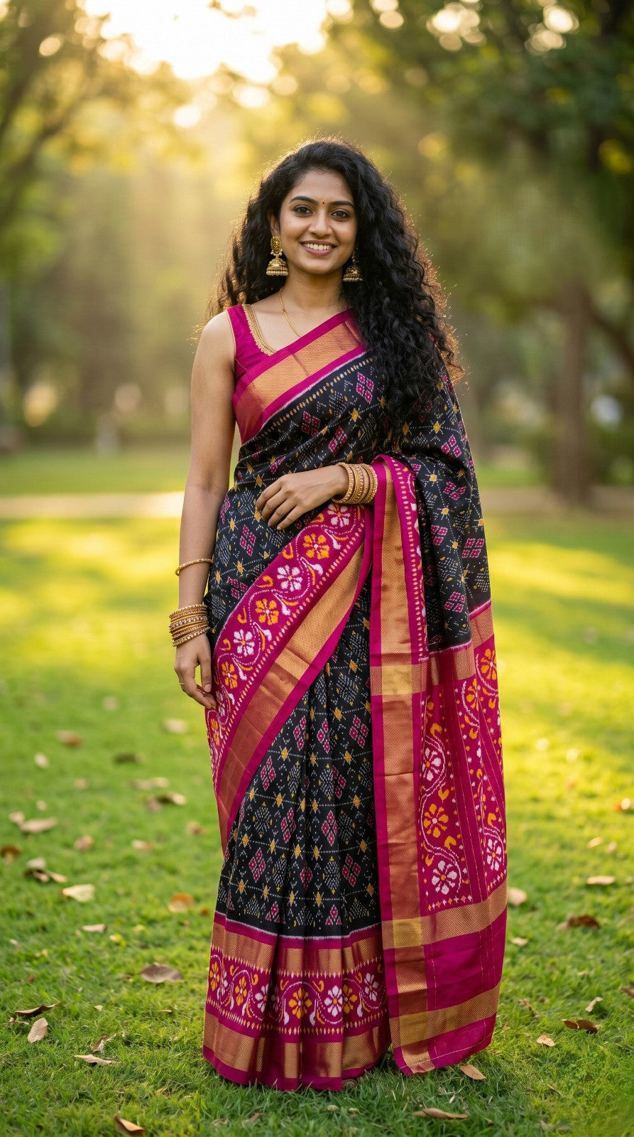 Black Bentex Handloom Silk Saree with Pink Ethnic Designer Border | Premium Collection