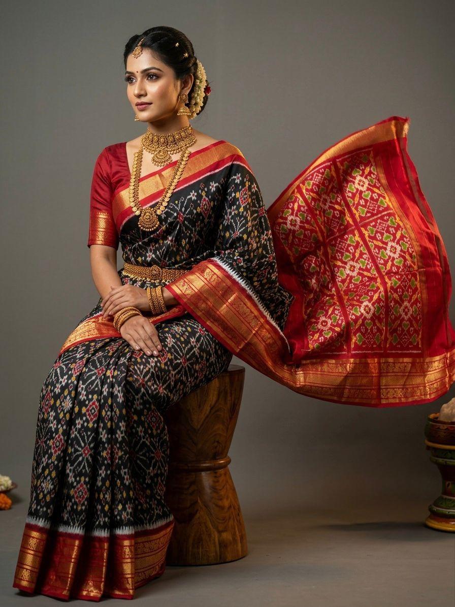 Black Handloom Pattu Silk Saree with Red Luxury Ethnic Pallu | Premium Collection