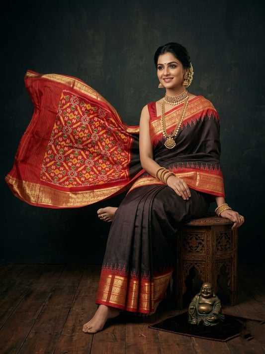 Black Handloom Pattu Silk Saree with Red Traditional Temple Border | Premium Collection