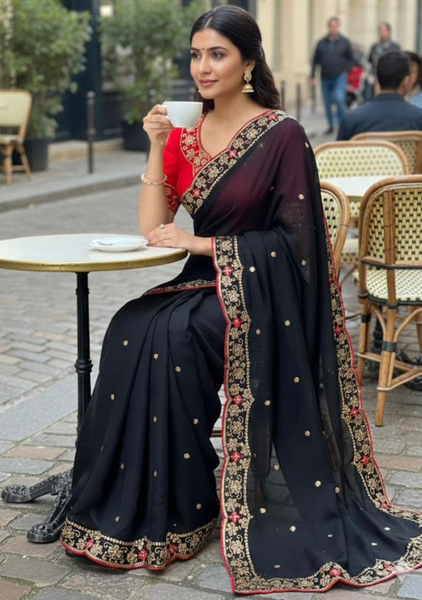 Black Star Georgette Embroidery Saree with Fancy Embroidered C-Pallu – Sanskriti Saree