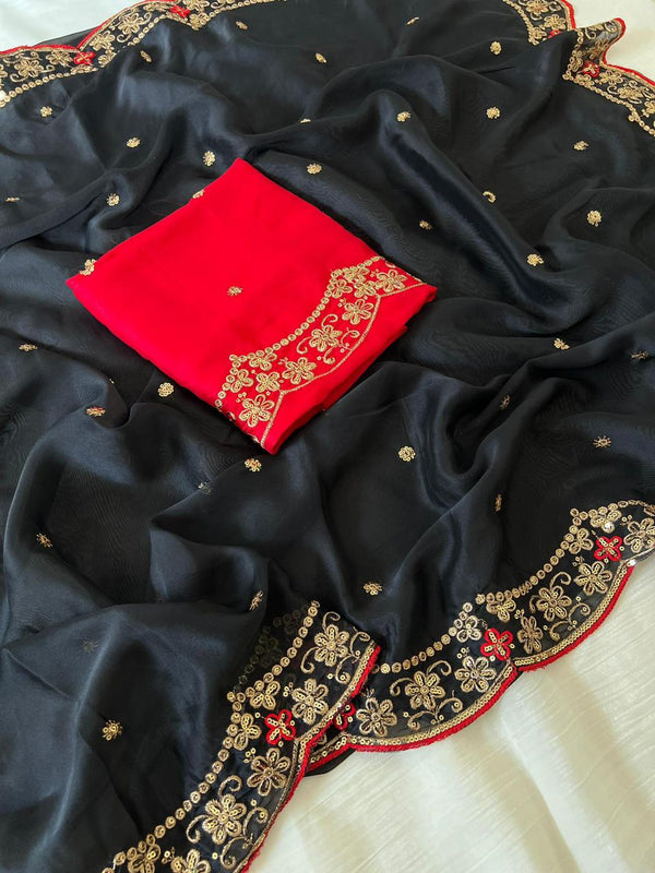 Black Star Georgette Embroidery Saree with Fancy Embroidered C-Pallu – Sanskriti Saree