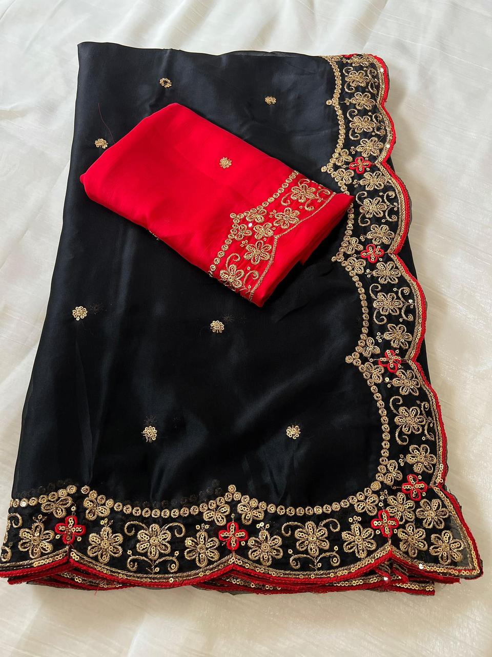 Black Star Georgette Embroidery Saree with Fancy Embroidered C-Pallu – Sanskriti Saree