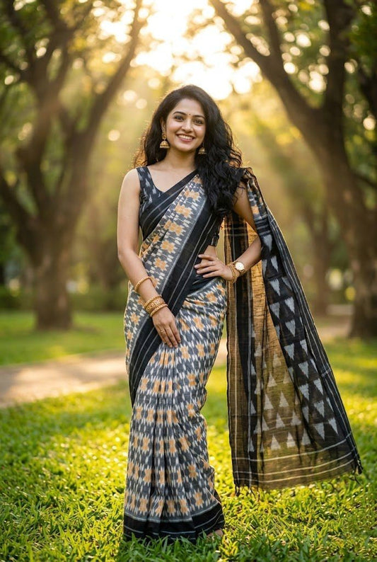 Black Woven Linen Saree with Gold Zari Motifs | Classic Premium Ethnic Drape | Premium Collection