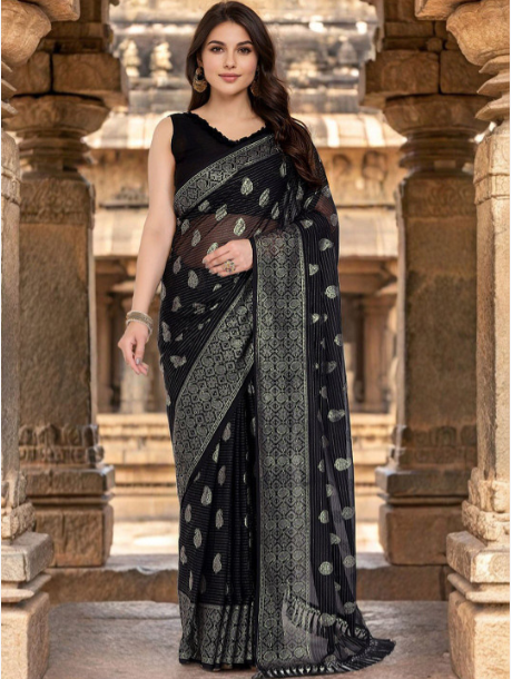 Black Paisley Zari Embellished Poly Georgette Party Wear Saree with Zari Border – Sanskriti Saree
