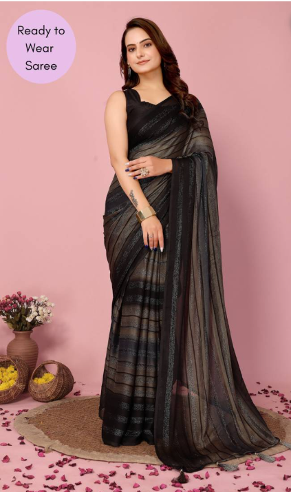 Black Printed Poly Silk Ready to Wear Pre-Stitched Saree with Blouse – Sanskriti Saree