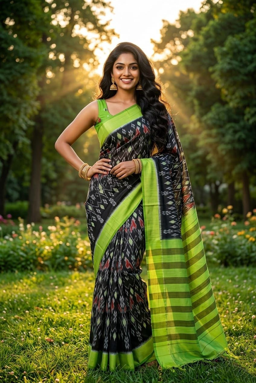 Black and Green Geometric Linen Saree with Striped Pallu | Modern Festive Wear | Premium Collection