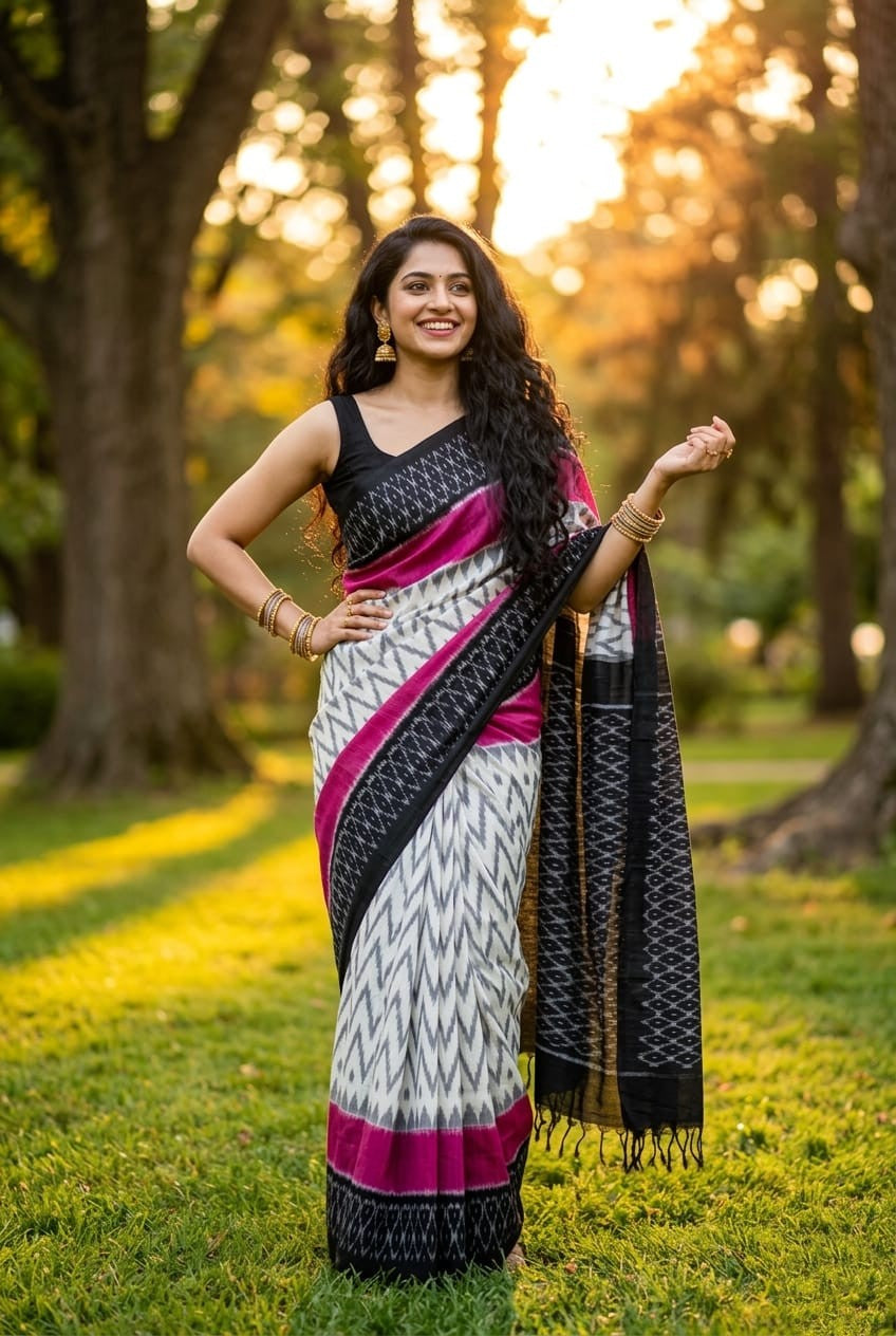 Black and Magenta Pink Linen Saree with Striped Border | Bold Evening Drape | Premium Collection