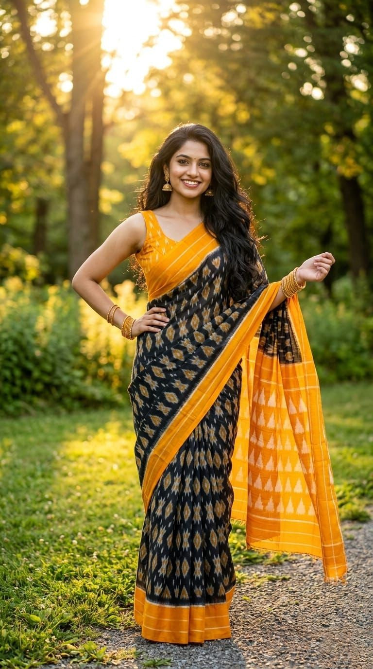 Black and Mustard Yellow Printed Linen Saree with Gold Pallu | Festive Ethnic | Premium Collection
