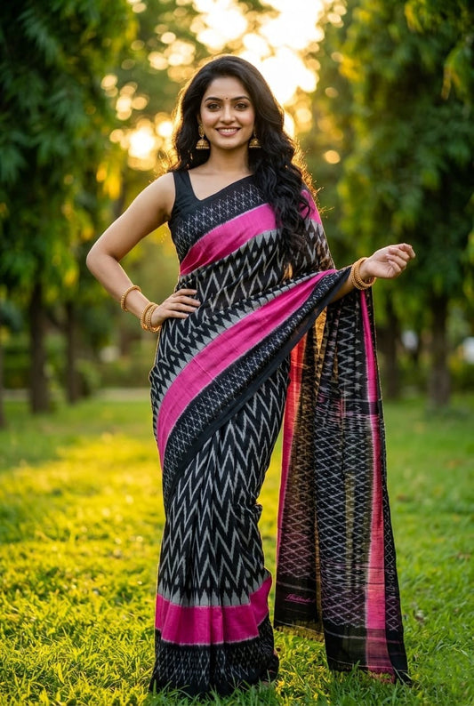 Black and Pink Linen Saree with Woven Ikat Border | Bold Casual Ethnic Wear | Premium Collection