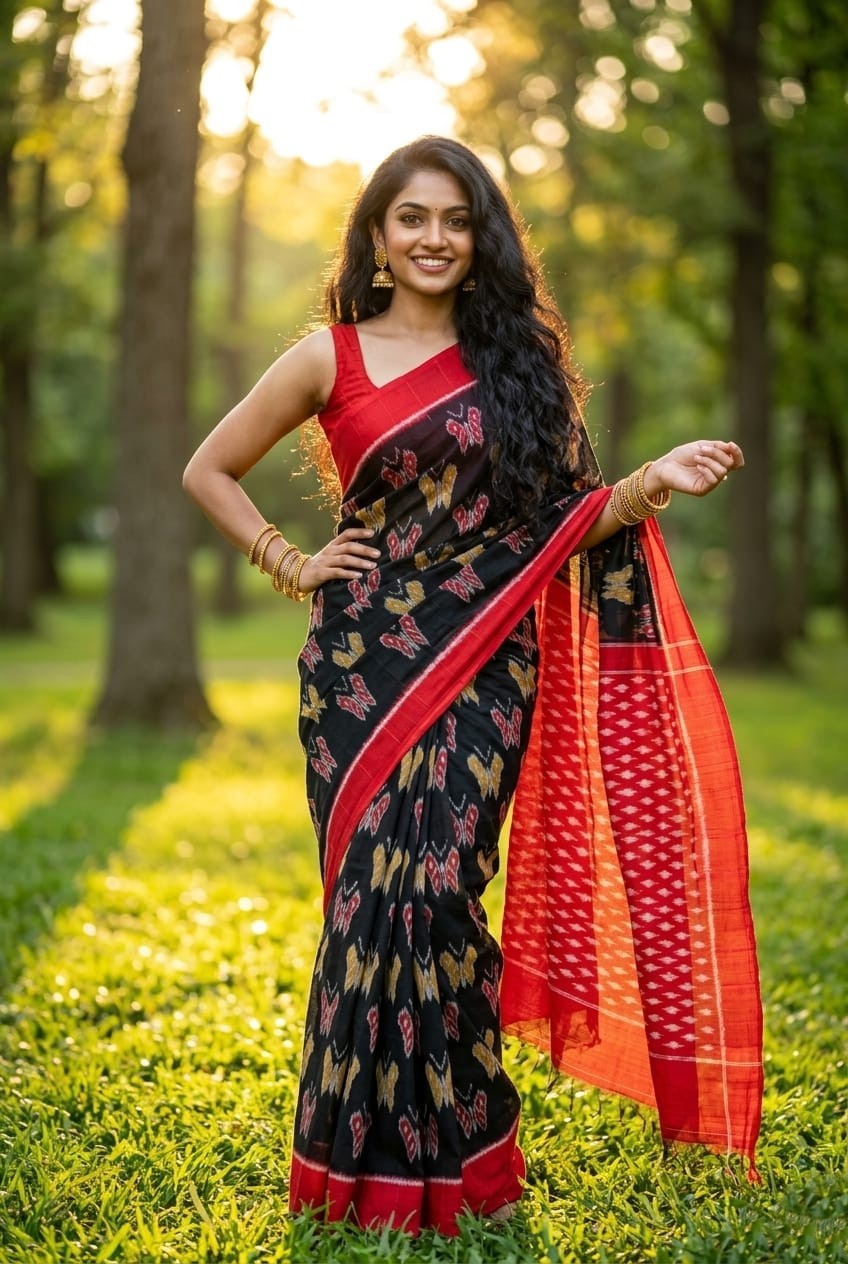 Black and Red Border Linen Saree with Floral Print | Bold Festive Ethnic Wear | Premium Collection