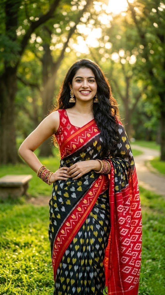 Black and Red Floral Linen Saree with Gold Zari Work | Party Wear Saree | Premium Collection