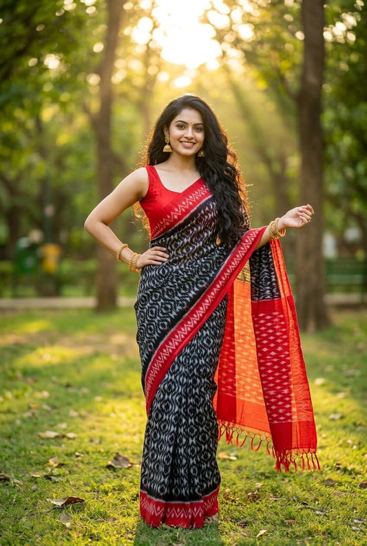 Black and Red Ikat Print Linen Saree with Zari Border | Bold Festive Saree | Premium Collection
