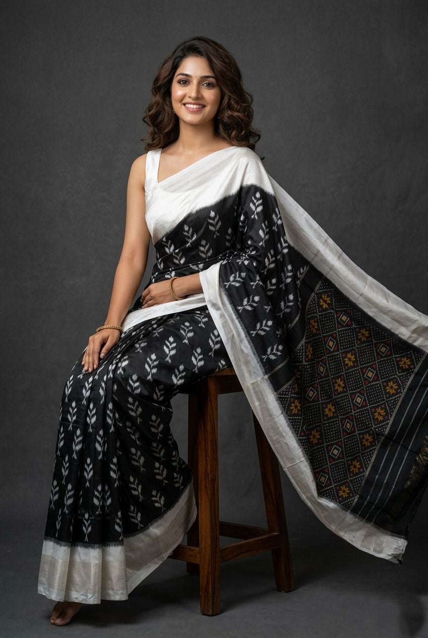 Black and White Barista Soft Silks Saree with Elegant Ethnic Weaving | Premium Collection