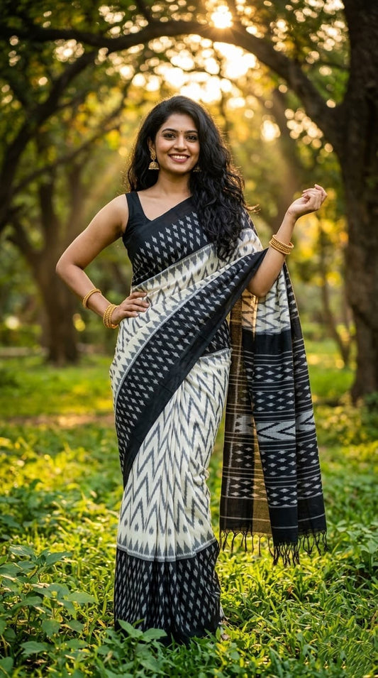Black and White Ikat Linen Saree with Sheer Pallu | Lightweight Handloom | Premium Collection