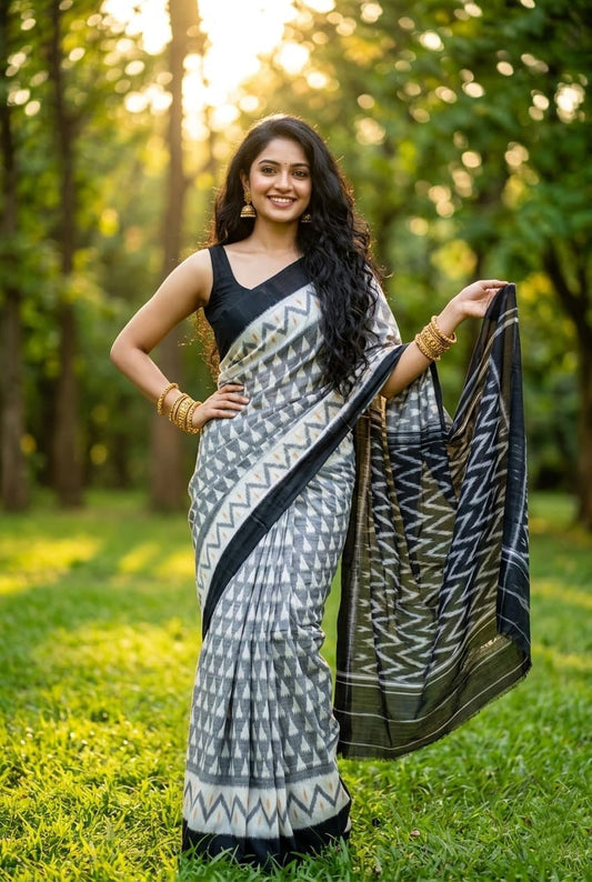 Black and White Zigzag Linen Saree with Contrast Pallu | Geometric Modern Saree | Premium Collection