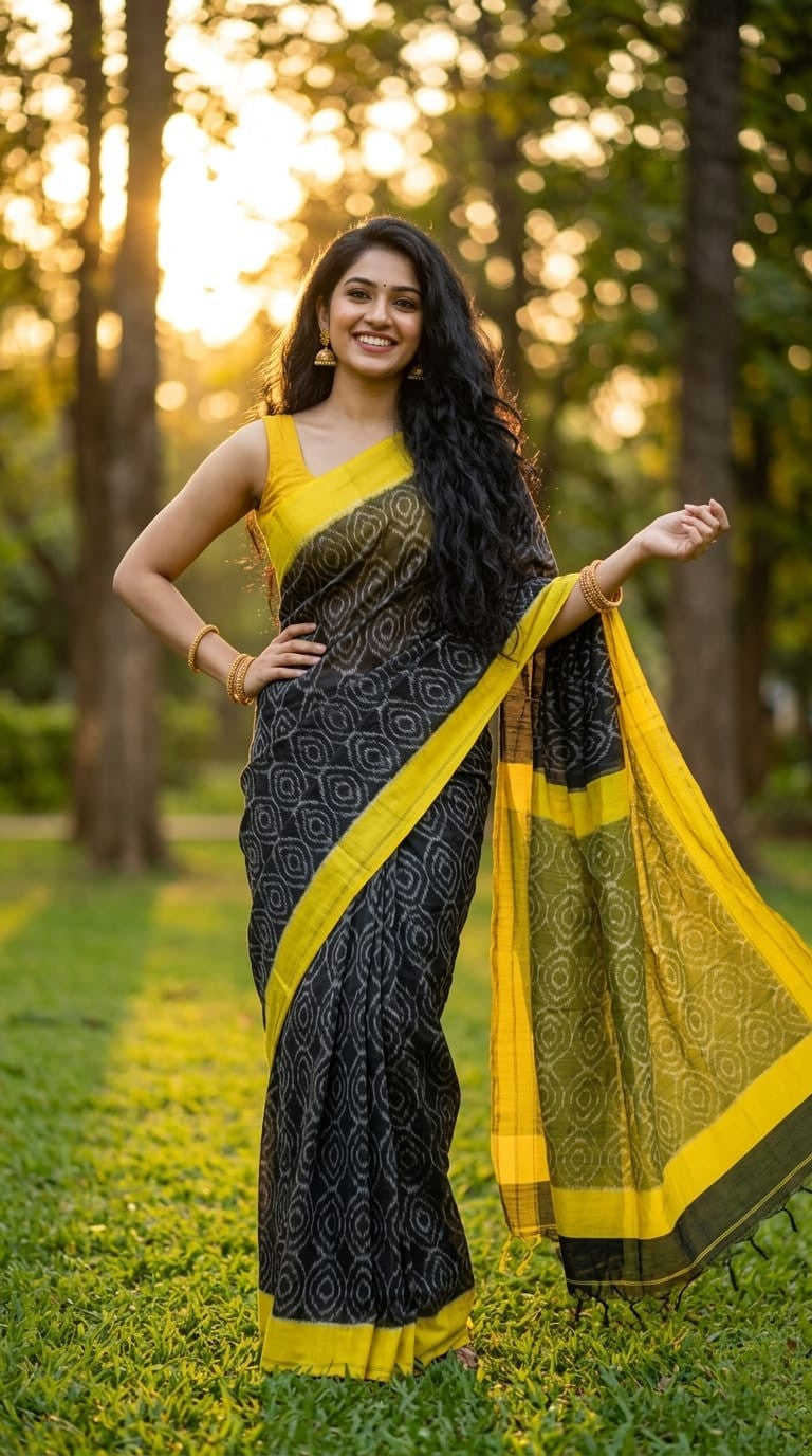 Black and Yellow Striped Linen Saree with Contrast Pallu | Lightweight Summer | Premium Collection