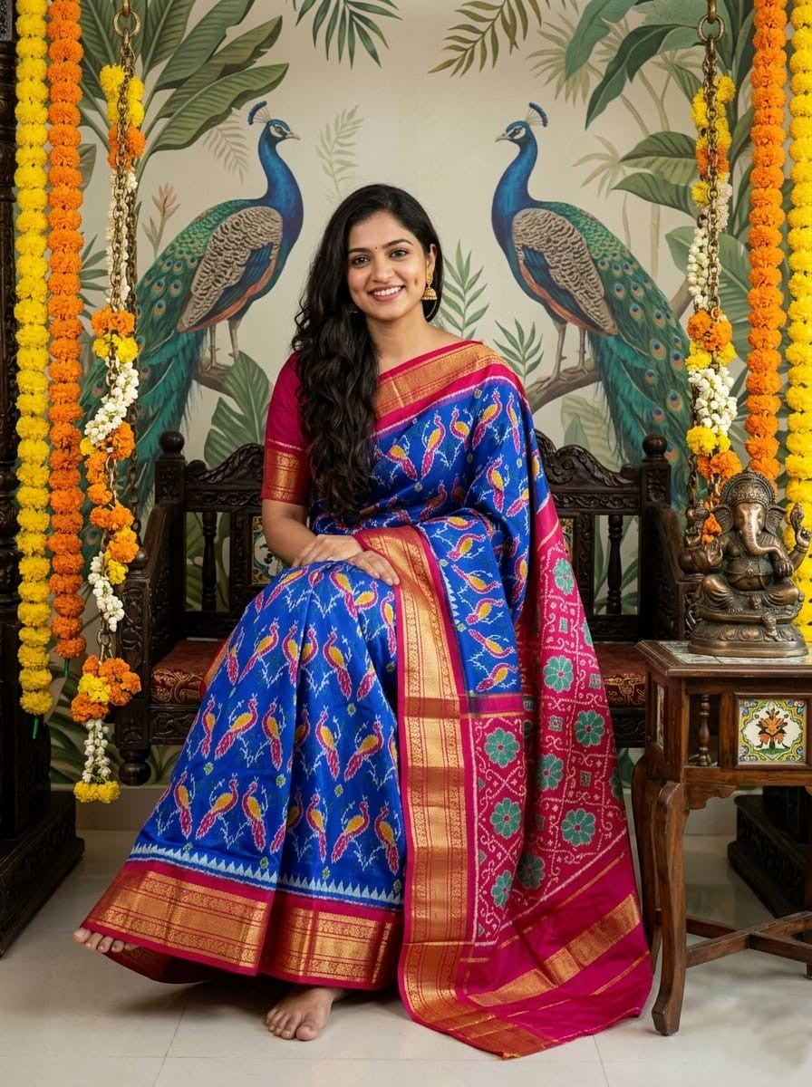 Blue Handloom Pattu Silk Saree with Pink Traditional Gold Zari Weaving | Premium Collection