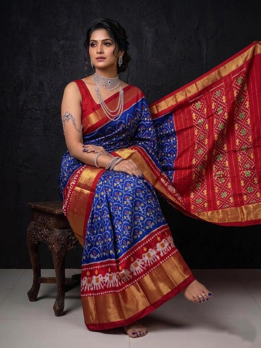 Blue Red Temple Border Handloom Kotha Silk Saree | Premium Collection