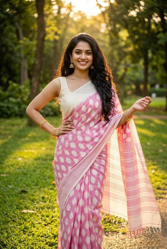 Blush Pink Floral Linen Saree with Silver Shimmer Border | Soft Festive Wear | Premium Collection