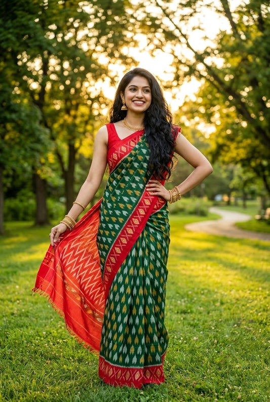 Bottle Green Linen Saree with Red Contrast Pallu | Traditional Festive Wear | Premium Collection