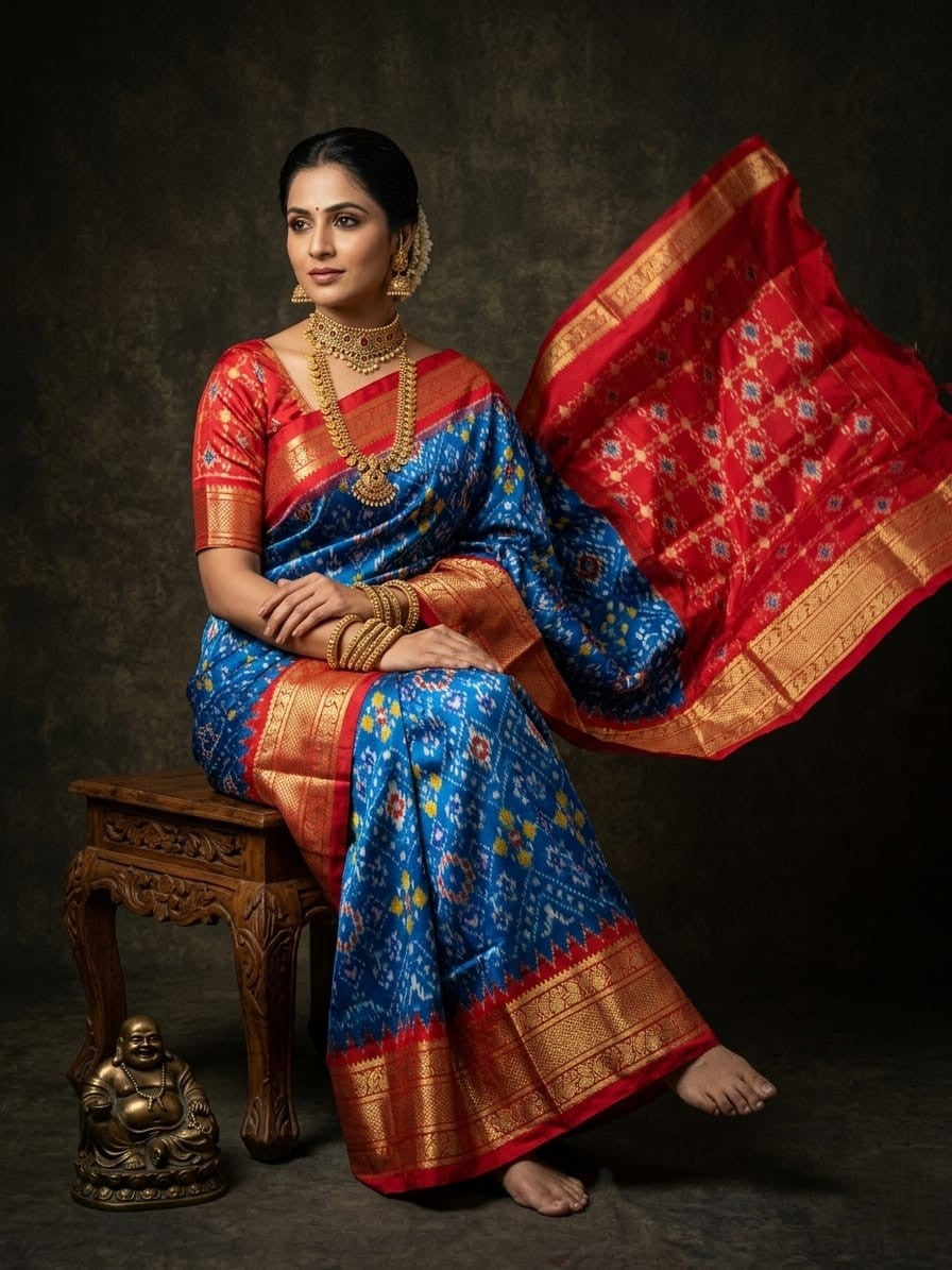 Bright Blue Handloom Pattu Silk Saree with Red Rich Ethnic Pallu | Premium Collection
