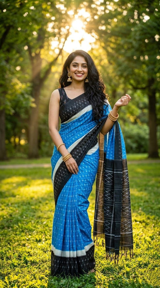 Bright Blue and Black Linen Saree with Woven Border | Bold Casual Ethnic Wear | Premium Collection