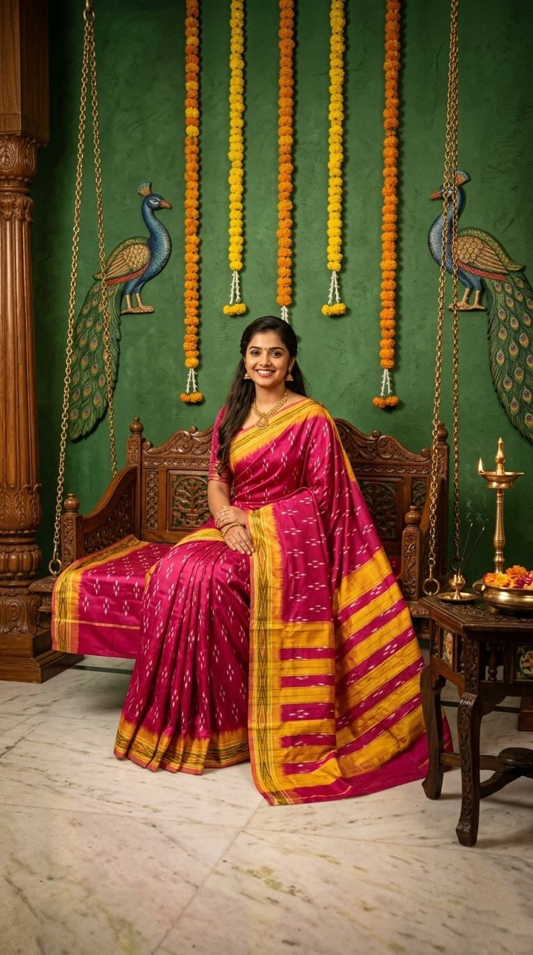 Bright Pink Barista Soft Silks Saree with Yellow Traditional Border | Premium Collection