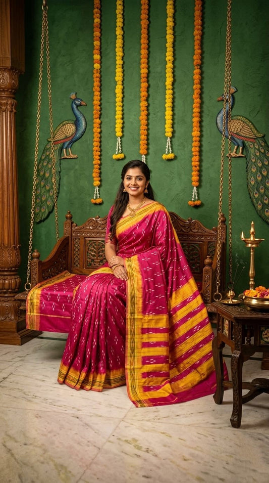 Bright Pink Barista Soft Silks Saree with Yellow Traditional Border | Premium Collection